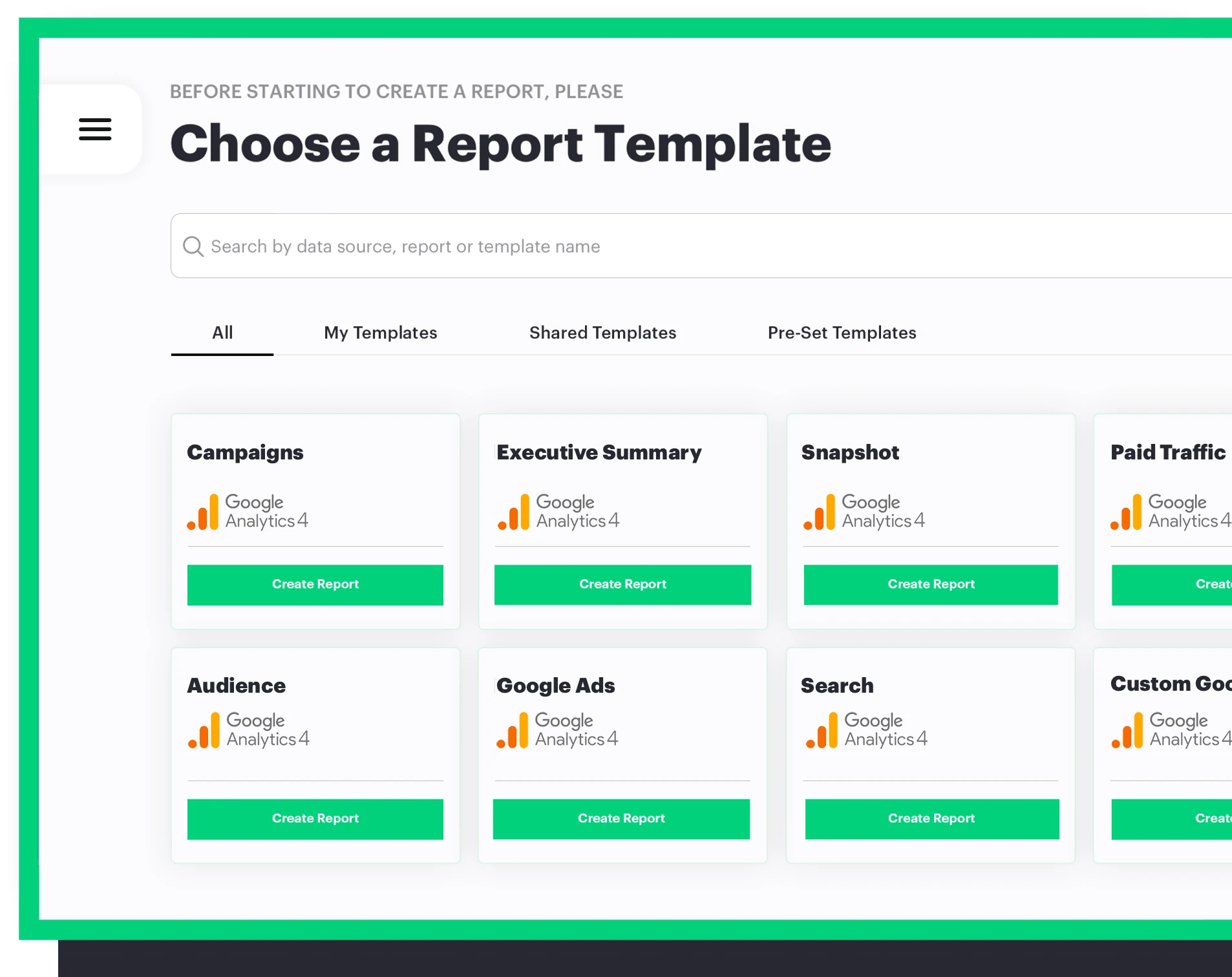 report template choose screen