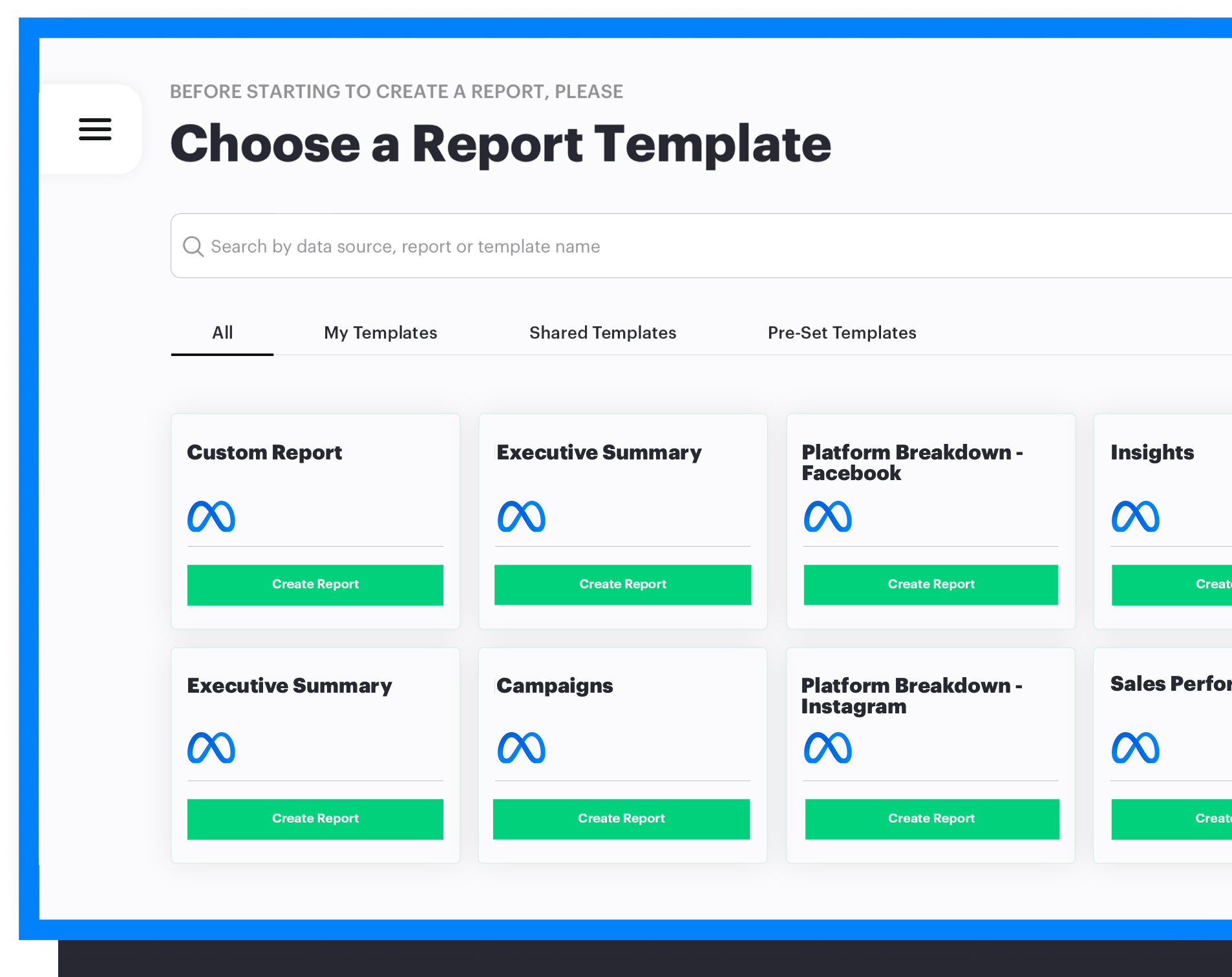 report template choose screen