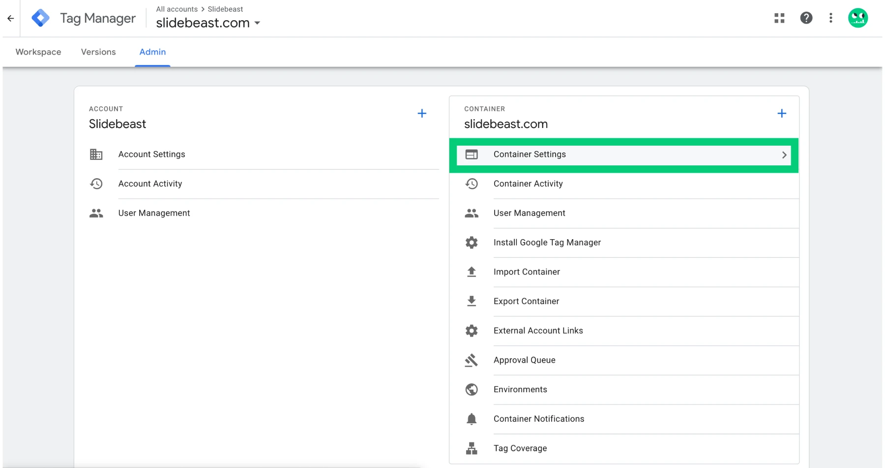 tag manager container settings screenshot