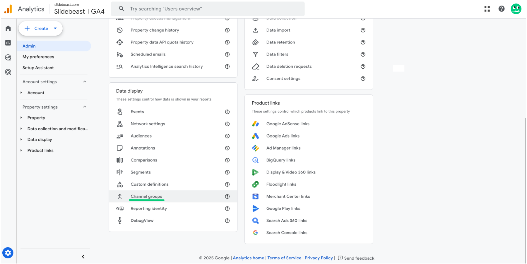 GA4 Admin Settings Data Display - Channel Groups with Slidebeast