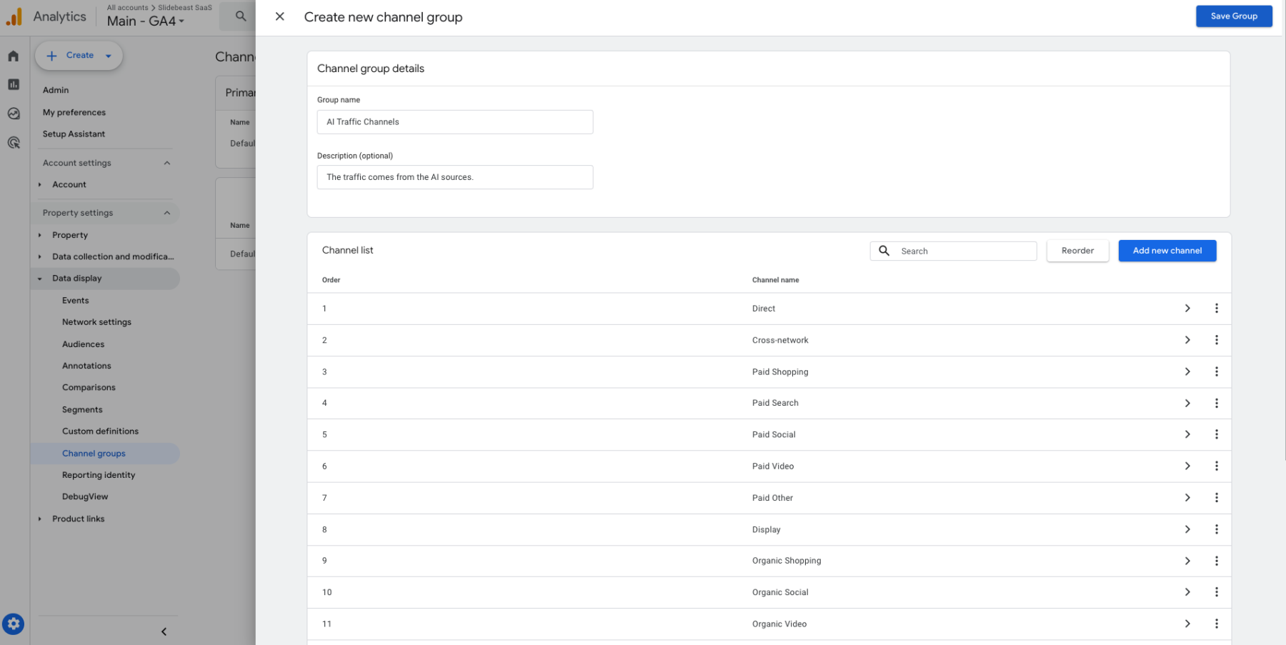 GA4 Data Settings Create New Channel Group with Slidebeast