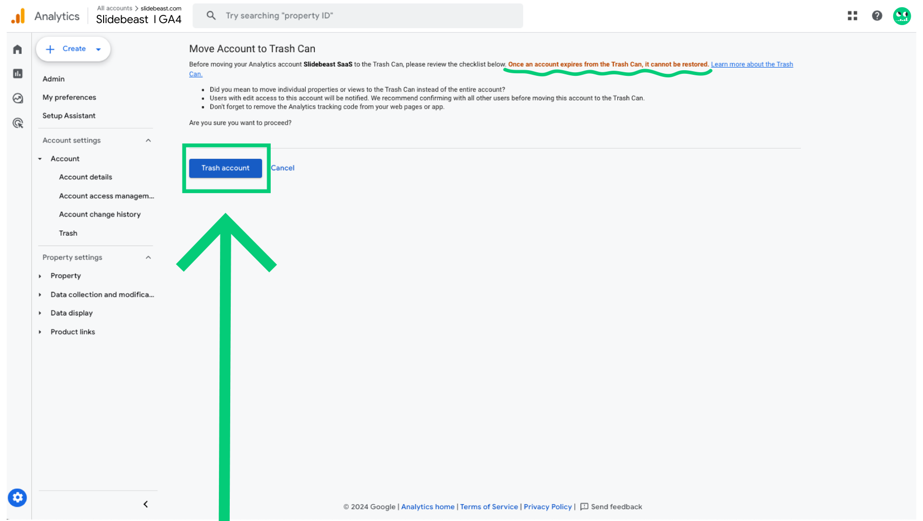 Google Analytics 4 Confirm Deletion