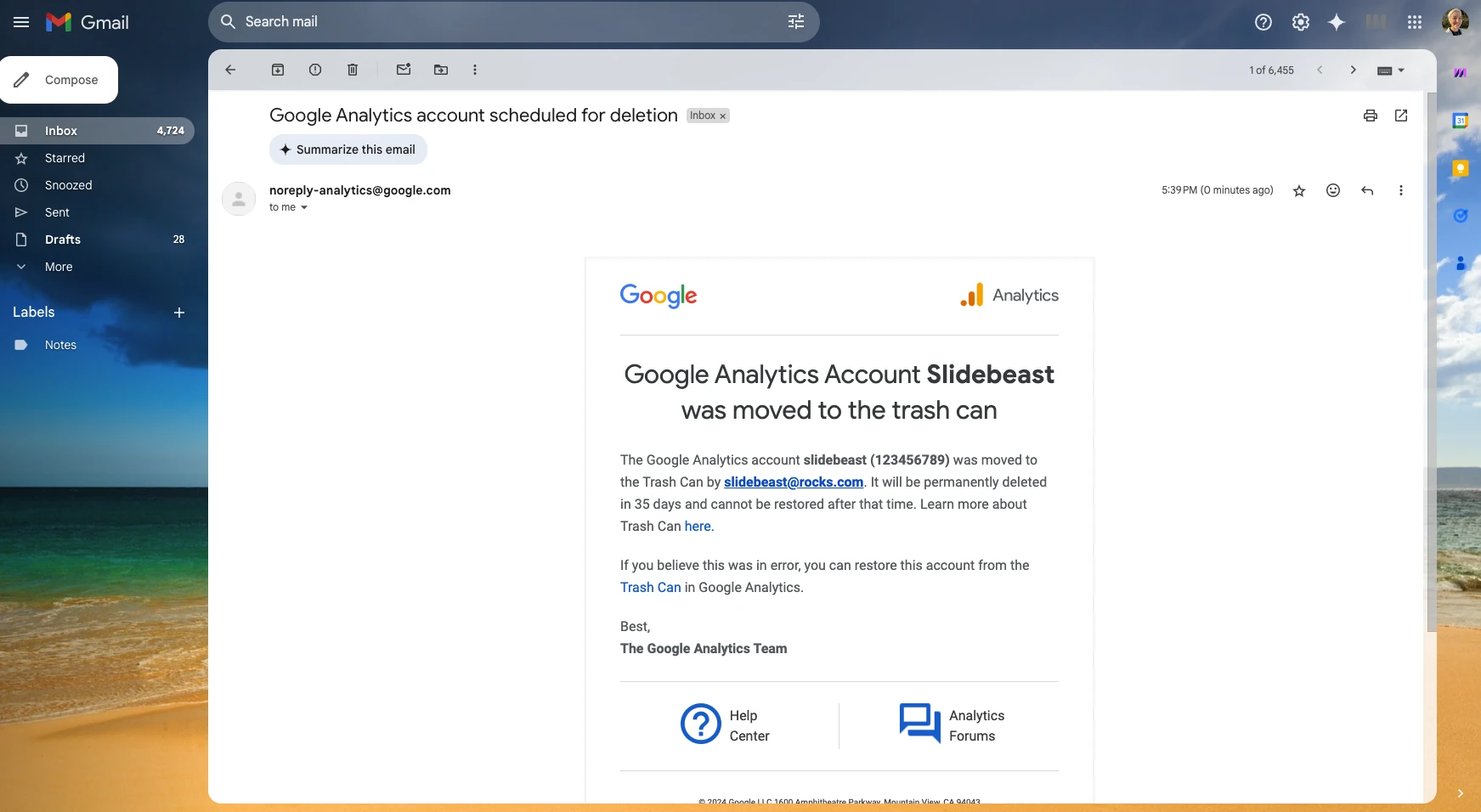 Google Analytics Account Deletion Email - Gmail